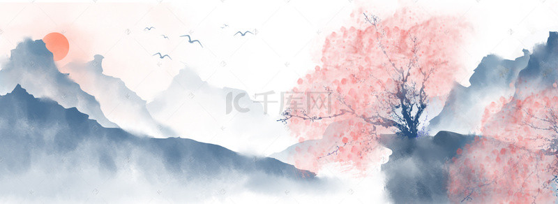 清明节清明节水墨背景图片_中国风手绘樱花水墨风景山水画背景