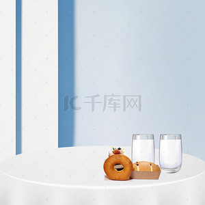 咖啡背景素材背景图片_蓝色格子桌布早餐机背景素材