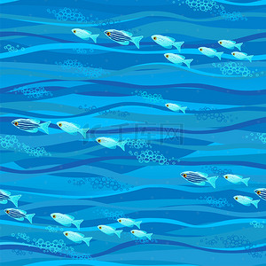 热带鱼卡通背景图片_海浪波纹热带鱼海底世界矢量背景