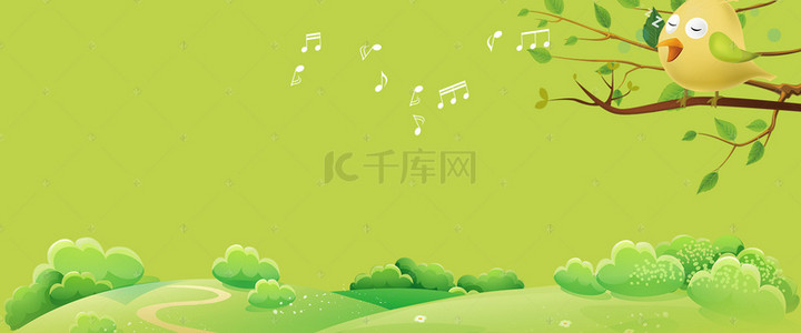 绿色矢量素材背景图片_卡通夏日小鸟唱歌矢量素材