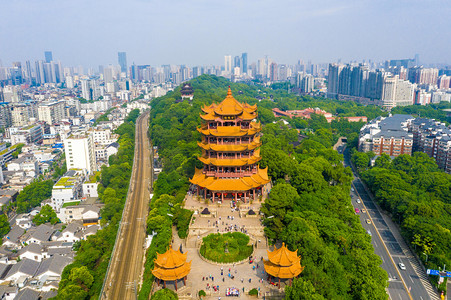 武汉地标摄影照片_武汉城市地标白天地标黄鹤楼俯拍摄影图配图