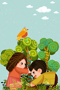 鸟插画背景图片_春天植树节植树的孩子们