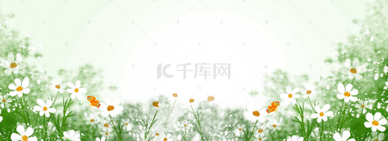 粉色花瓣手绘绿色banner背景