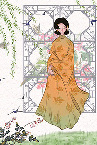 古风插画美女背景图片_中国风春天柳树下的古装女孩
