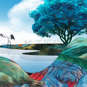 蓝色手绘新中式夏季河流山水背景