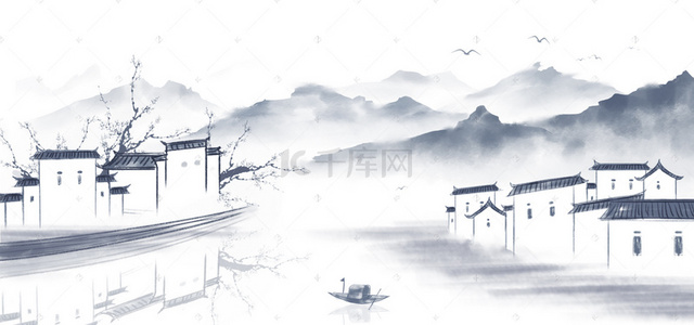 中国风古村高山绿色背景素材