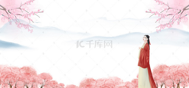 游戏海报背景图片_十里桃花粉色卡通人物背景素材
