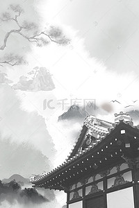 中国水墨寺庙海报背景