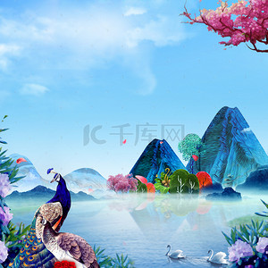 花卉唯美背景图片_蓝色唯美新中式远山花卉孔雀背景