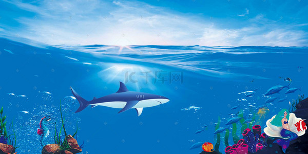 唯美叶子背景图片_蓝色唯美海洋馆生物鱼群背景