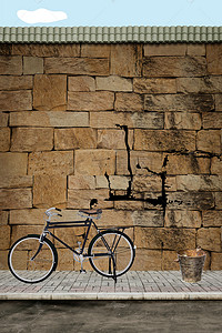 背景复古90年代青春砖墙海报背景90年代老自行车砖墙海报背景c4d天猫