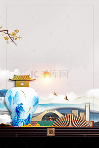 灰色背景简约背景图片_中式建筑灰色背景简约风格海报banner