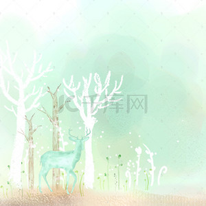 小草手绘背景图片_小清新梦幻森林卡通手绘树枝麋鹿背景
