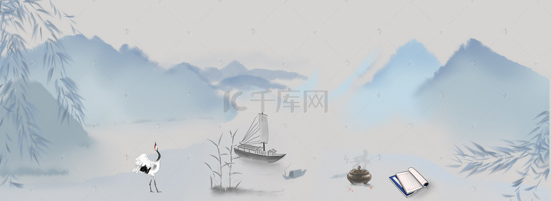 中国青色背景图片_中国古代仙鹤船只banner背景图