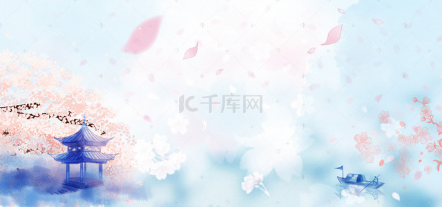 樱花背景背景图片_动漫樱花节渲染中国风蓝色banner
