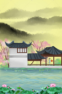 建筑创意海报背景图片_中国风庭院创意海报psd分层背景