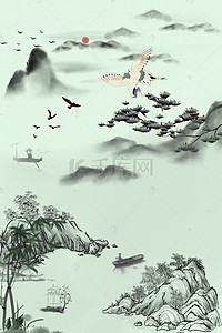 中国风笔墨背景背景图片_中国风山水飞鸟H5背景psd分层素材