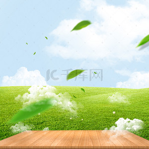 蓝天草地木板背景图片_绿色清新自然运动鞋PSD分层主图背景素材