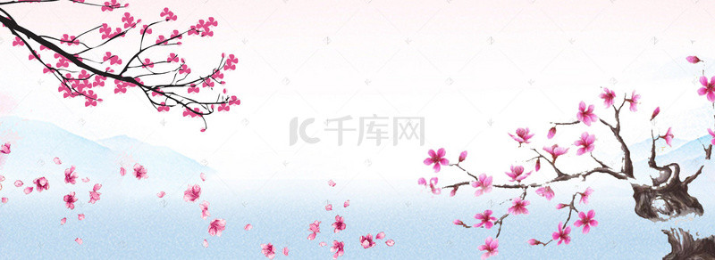 粉色蓝色樱花背景图片_春天中国风粉色蓝色电商海报背景
