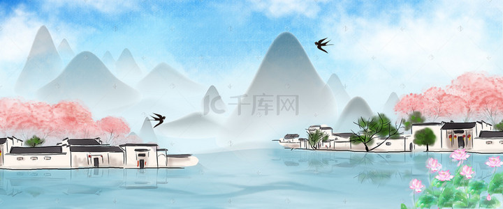 水墨新中式背景图片_水墨村庄背景banner