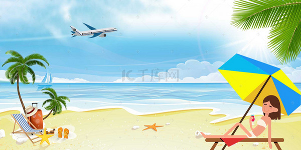 海报海滩背景图片_夏季卡通蓝色海报背景
