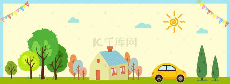 绿色房子背景图片_卡通手绘绿色banner