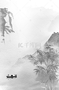 小船中国风背景图片_水墨复古山水画背景模板