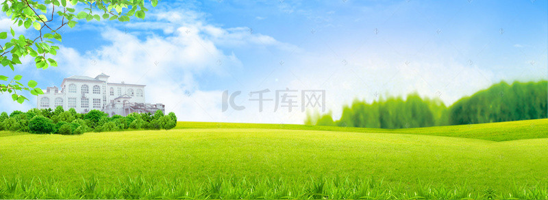 家园绿色背景图片_小清新蓝天白云社区海报