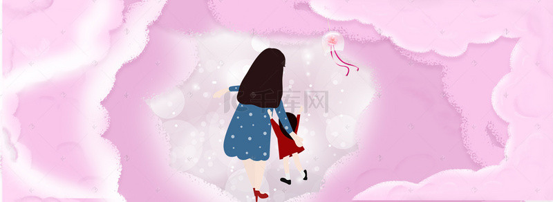 甜蜜图背景图片_行走在梦幻隧道中的母女banner背景图