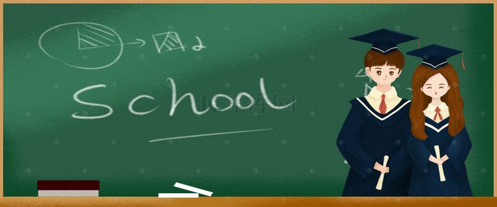 绿色背景学校背景图片_6月毕业季卡通手绘黑板绿色背景
