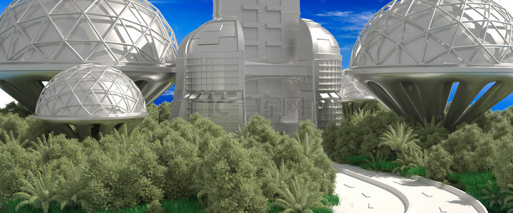 蓝天森林背景图片_C4D未来建筑背景