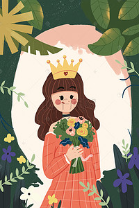 皇冠边框背景图片_手绘卡通女孩和叶子边框背景