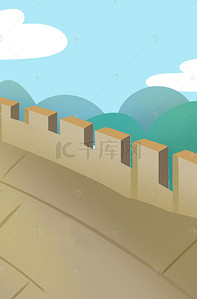 手绘建筑景点背景图片_手绘卡通长城青山白云背景图