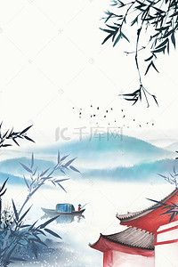 水墨建筑背景背景图片_复古中国风水墨山水中式建筑背景