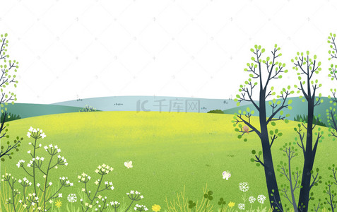 树枝元素背景图片_手绘卡通蓝天白云草地海报背景免扣元素