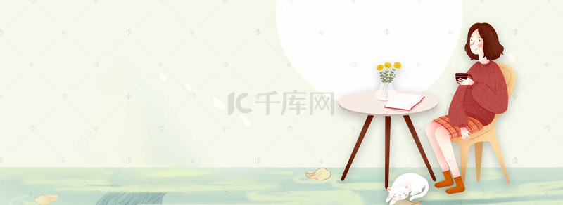 花鸟人物水墨背景图片_治愈系水墨插画banner