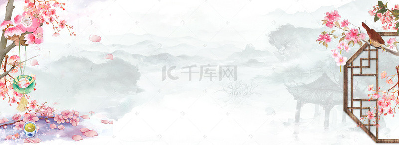中国风手绘桃花背景图片_古风唯美手绘电商海报背景