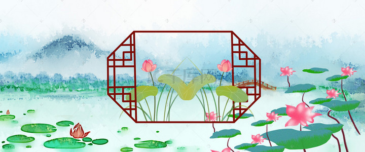 风景图山背景图片_复古中国风六月荷花风景图