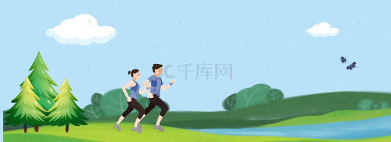 绿色出行低碳出行背景图片_低碳出行跑步卡通蓝色banner