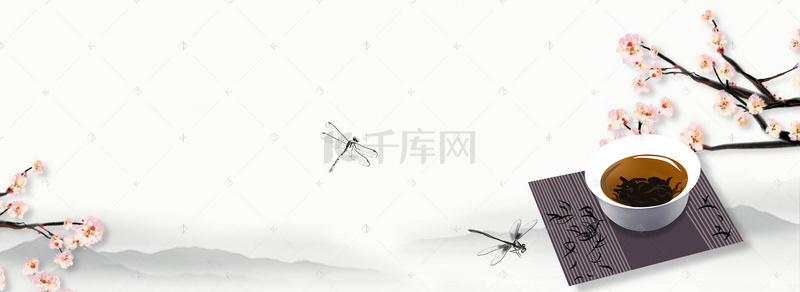 春茶banner背景图片_春茶上新桃花节文艺中国风灰banner