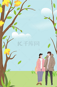 冬日树木背景图片_冬日晴天出游的情侣服装促销海报