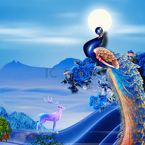 蓝色麋鹿背景图片_蓝色精美大气孔雀远山地产背景