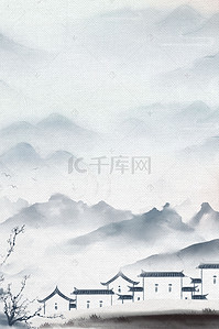 古建筑山水背景图片_水墨复古中国风山水古建筑海报