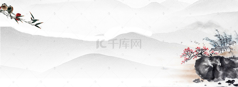 古风水墨画风格山中小屋banner