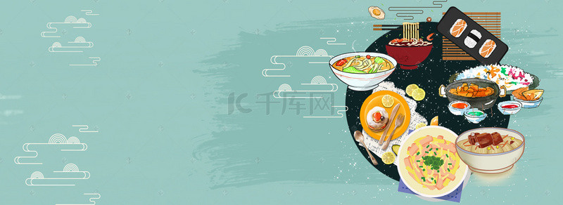 简约食物广告背景图片_中华美食大荟萃简约纹理蓝色背景