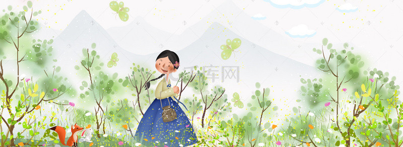 戴面具的少女背景图片_童话风春天花草丛里的韩服少女