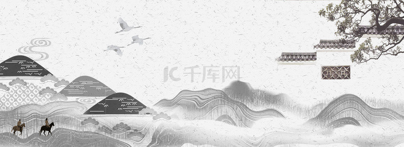中式新中式背景图片_黑白简约新中式山水庭院背景