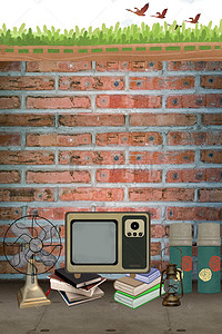 水壶背景图片_复古风90年代电视机水壶风扇书本