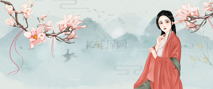 中国风手绘白色花卉banner