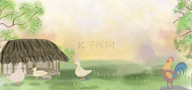 背景鸡背景图片_农村家禽风景水墨海报背景